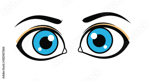 Cartoon illustration of a pair of wide blue eyes with black eyelashes and eyebrows.