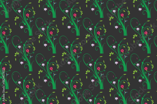 Repeating floral pattern featuring vibrant green stems delicate pink blossoms and dark charcoal background high quality
