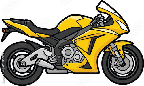 Vibrant yellow sport motorcycle illustration with black outlines on white background