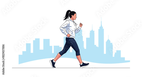 Woman jogging in a city with buildings in the background.