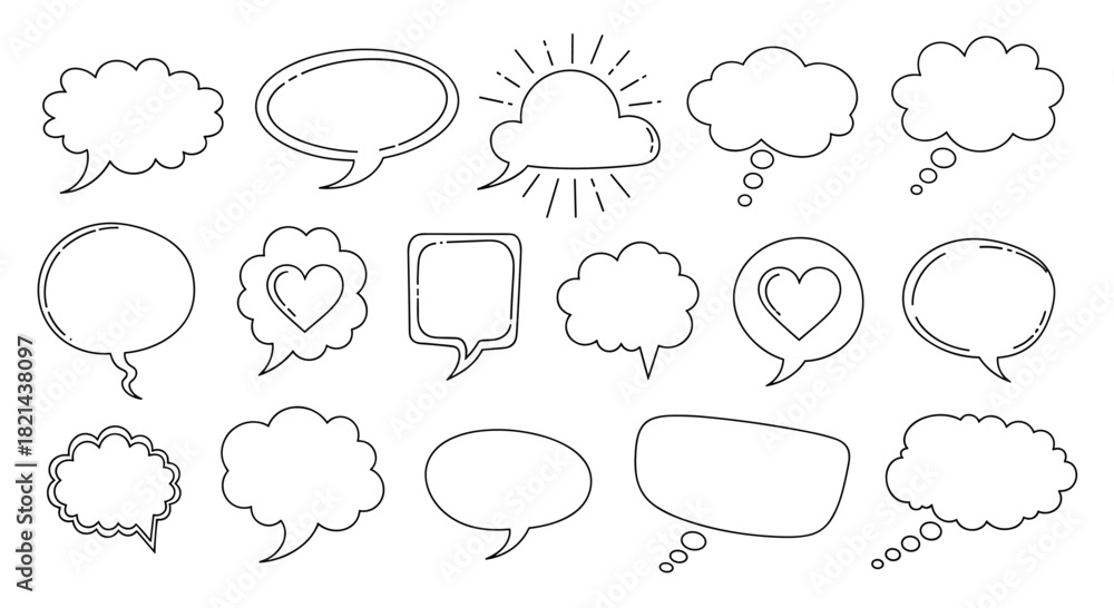 Fototapeta premium Collection of hand-drawn speech and thought bubbles in various shapes and styles.