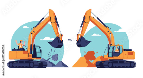 Two excavators in action, one on the left digging into blue mountains, the other on the right digging into orange earth.