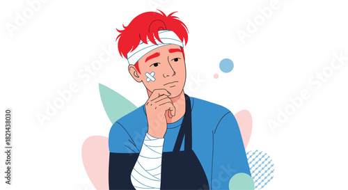Injured young man with red hair, bandages and arm sling contemplates his situation with a thoughtful expression.