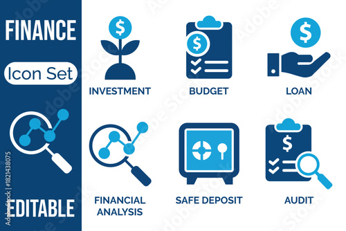 A collection of blue finance icons depicting investment budgeting loans analysis and safe deposit options