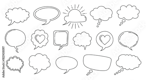 Collection of hand-drawn speech and thought bubbles in various shapes and styles.