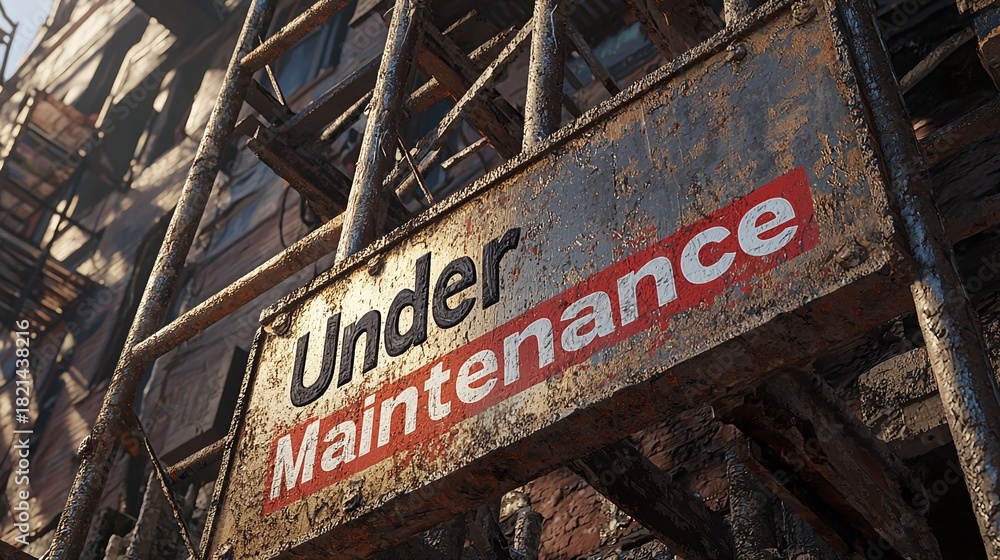 Obraz premium Rusty Under Maintenance Sign on a Scaffolded Building Undergoing Restoration During Daylight