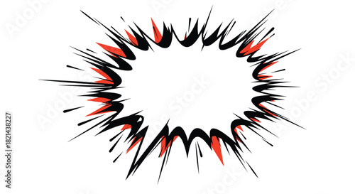 Explosive oval speech bubble with red and black jagged edges on a white background.