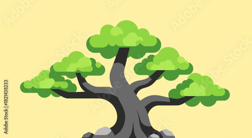 Artistic bonsai tree illustration with green leaves and a dark trunk against a yellow background.