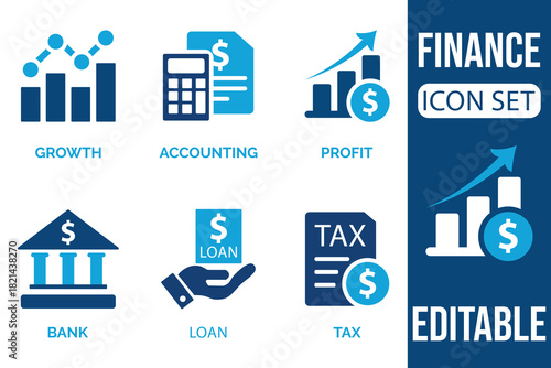 Financial icon set depicting growth accounting profit banking loans and tax management concepts visually high quality