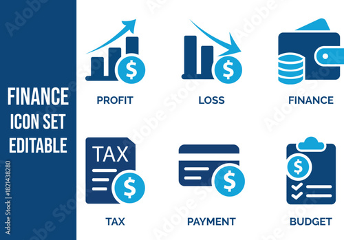A collection of finance related icons depicting profit loss payment tax and budget management concepts