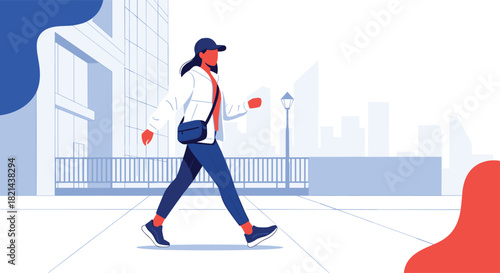 A person in a white jacket and blue pants walks down a sidewalk in a city.