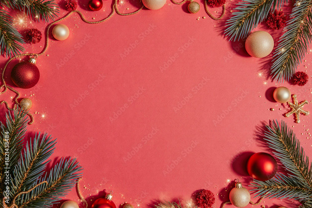 Obraz premium Festive christmas ornaments and pine branches frame a pink background