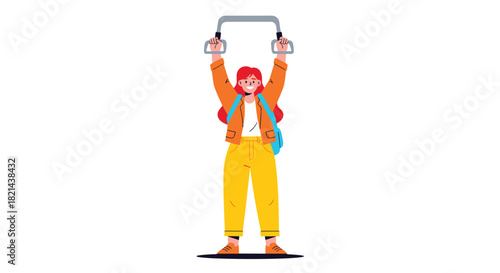 Young woman with red hair holding onto overhead straps while standing on public transport.