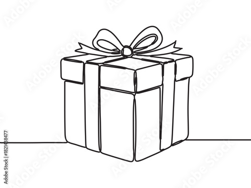 Single Line Drawing of a Wrapped Gift Box with Ribbon Bow