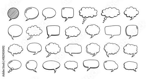 Collection of hand-drawn speech and thought bubbles in various shapes and styles.