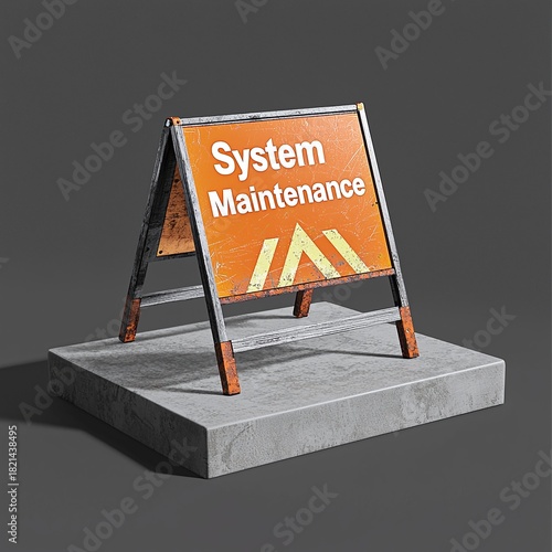Industrial-style sign indicating system maintenance placed on a concrete slab highlighting the cautionary message on a dark background