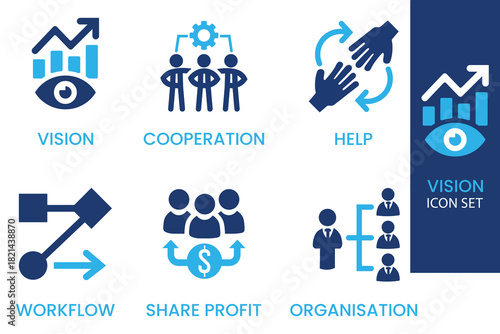 A collection of business icons representing vision teamwork assistance workflow and organizational structure in blue tones