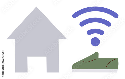 House silhouette next to a shoe with wireless signal, representing smart home automation, wearable tech, and connectivity. Ideal for tech, innovation, IoT, modern living, integration digital