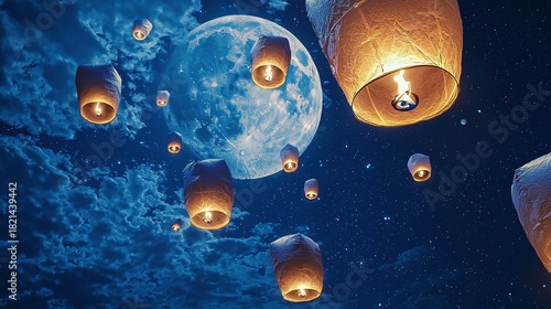 Radiant paper lanterns floating gracefully against a bright full moon and a star-filled night sky, creating a magical and serene atmosphere.