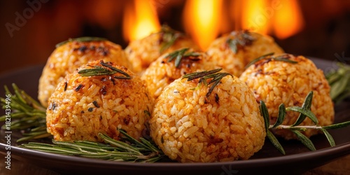 Fototapeta Naklejka Na Ścianę i Meble -  Delicious Arancini Balls with Rosemary Sprigs on a Plate.