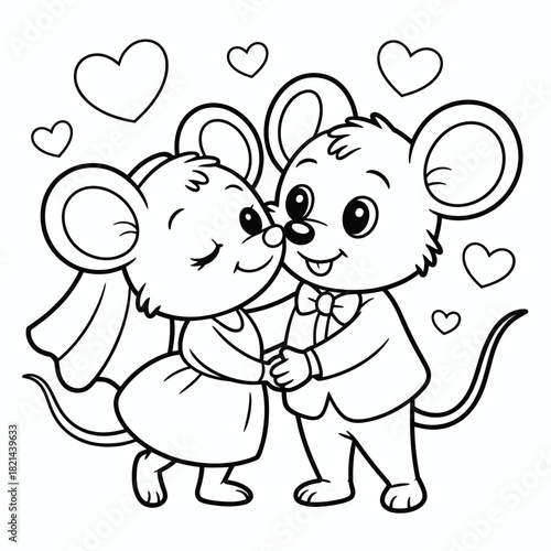 Cute cartoon mice couple in wedding attire sharing a tender moment, hearts background isolated on white background, Vector, illustration