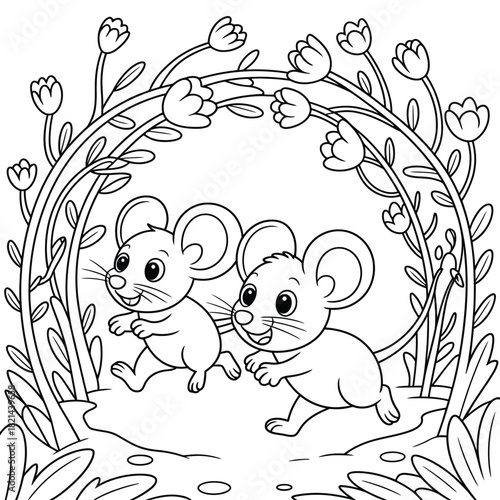 Cute cartoon mice couple walking happily through a garden with tulips, line art isolated on white background, Vector, illustration
