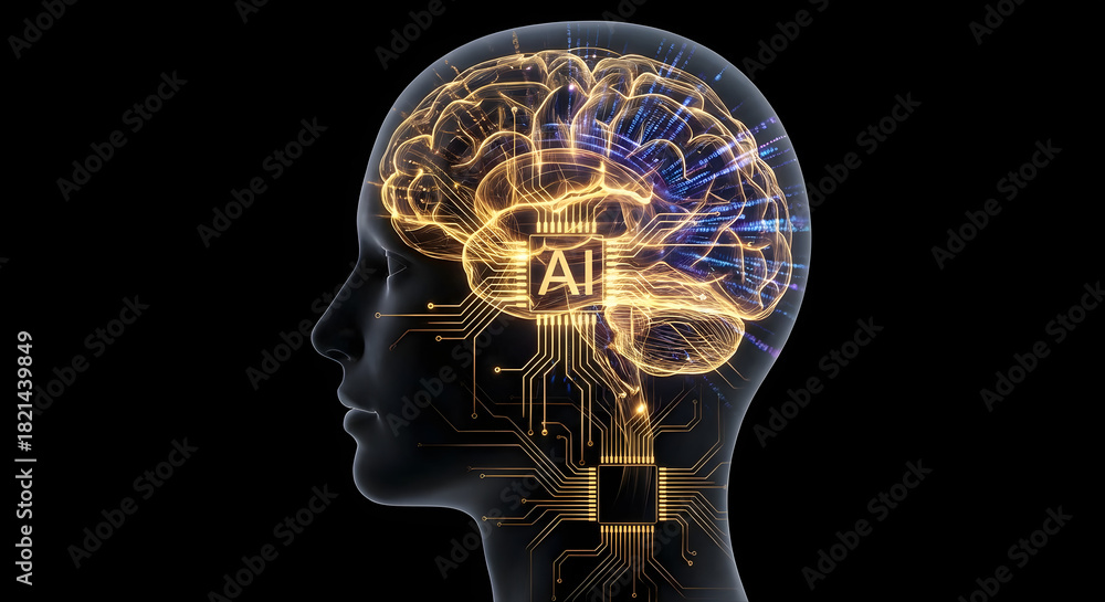 Fototapeta premium Golden Digital Human Head Profile - Ai Intelligence Concept