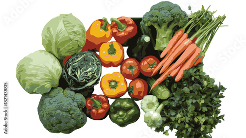 Assortment of Fresh Vegetables Including Broccoli Cabbage Carrots Peppers and Tomatoes Keywords: fresh vegetables, assortment, healthy eating, organic produce, raw vegetables