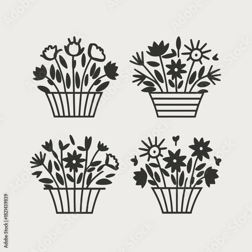 Four elegant floral illustrations in baskets, vector line art, clean and decorative design. isolated on white background, Vector, illustration