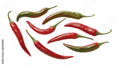 Assortment of Red and Green Chili Peppers Scattered on White Background hot pepper spicy