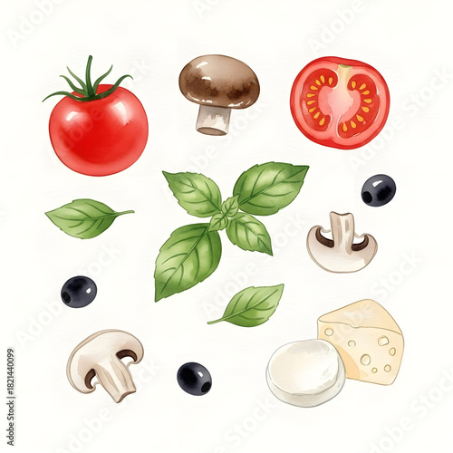 Fresh pizza ingredients collection featuring tomatoes mushrooms olives basil and mozzarella cheese