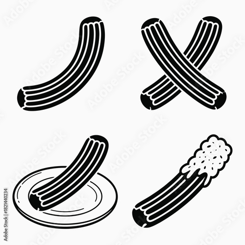 Abstract graphic representations of churros in different arrangements and with toppings isolated on white background, Vector, illustration
