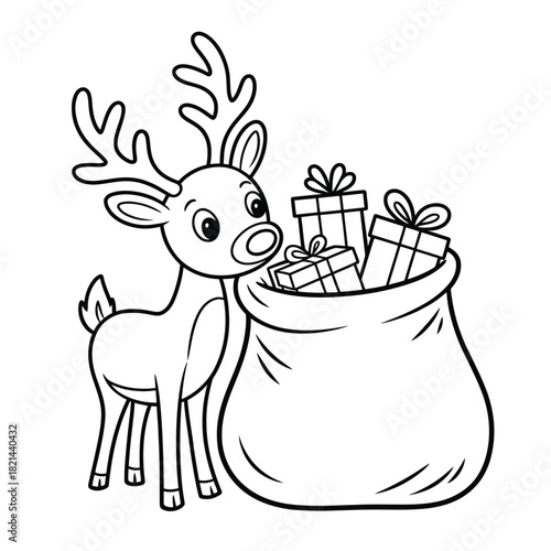 Cute cartoon reindeer standing next to a sack filled with christmas presents, line art isolated on white background, Vector, illustration