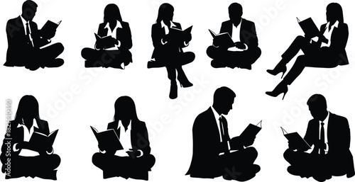 Vector collection of business people silhouettes sitting and reading books isolated on white background for education concepts.