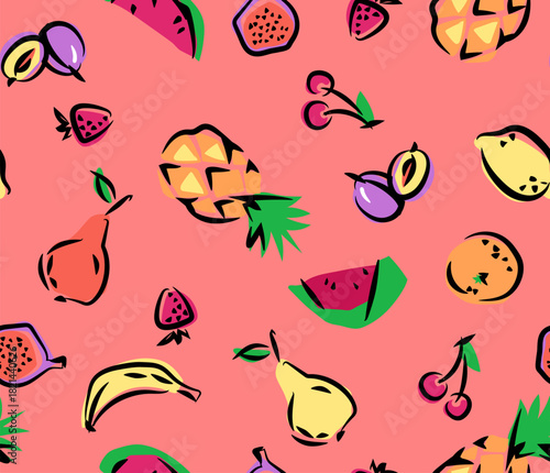 Seamless background with yellow bananas, pineapples and juicy strawberries on a colorful background. Cute background. Illustration of bright summer fruits. Fruit mixture design for fabric	