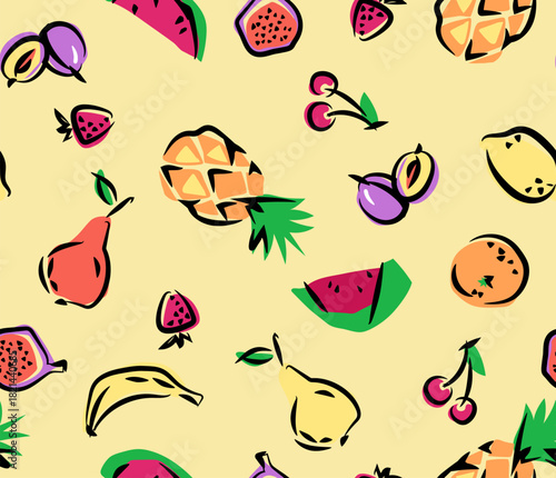 Seamless background with yellow bananas, pineapples and juicy strawberries on a colorful background. Cute background. Illustration of bright summer fruits. Fruit mixture design for fabric	