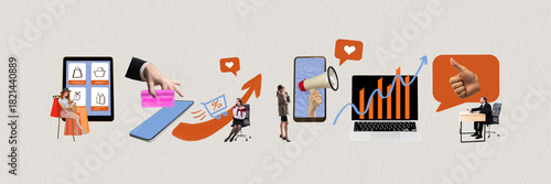 Quadro su tela Creative collage of e-commerce marketing and online sales funnel