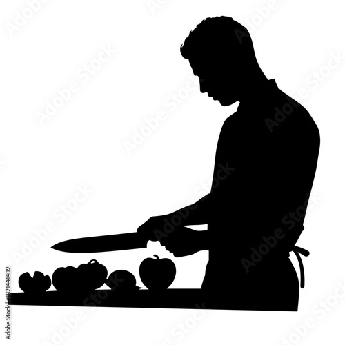 Silhouette of person chopping vegetables with knife, culinary preparation and cooking techniques in kitchen