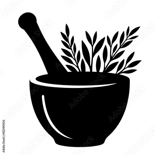 Herbal ingredients in mortar and pestle silhouette, natural remedies and cooking aids