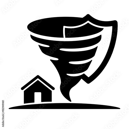 Tornado icon with shield and house, storm protection and home safety illustration
