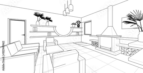 interior kitchen living room 3d illustration	
