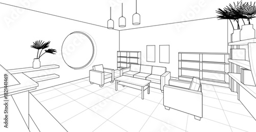 interior kitchen living room 3d illustration	
