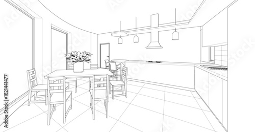 interior kitchen living room 3d illustration	
