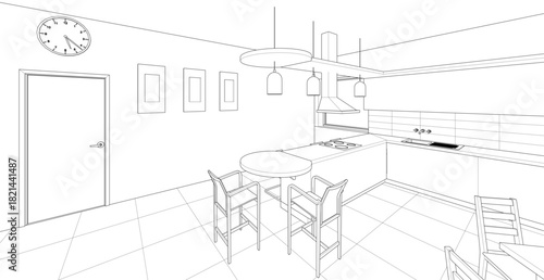 interior kitchen living room 3d illustration	
