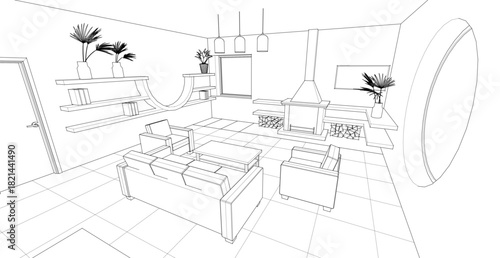interior kitchen living room 3d illustration	
