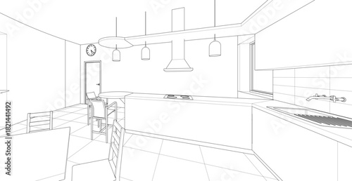 interior kitchen living room 3d illustration	
