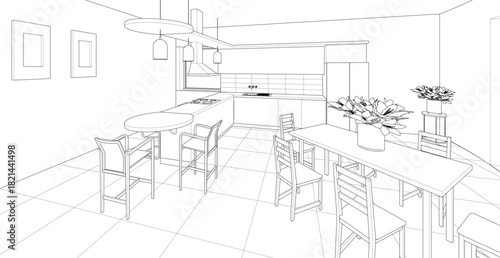 interior kitchen living room 3d illustration	
