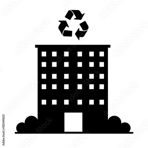Silhouette of hotel building with recycling symbol, eco-friendly architecture and waste reduction in hospitality industry