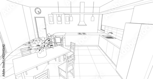 interior kitchen living room 3d illustration	
