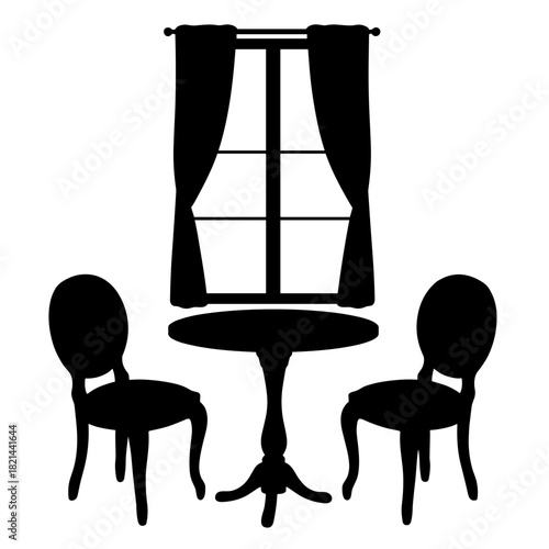Silhouette of breakfast table by window with two chairs, morning simplicity and home comfort